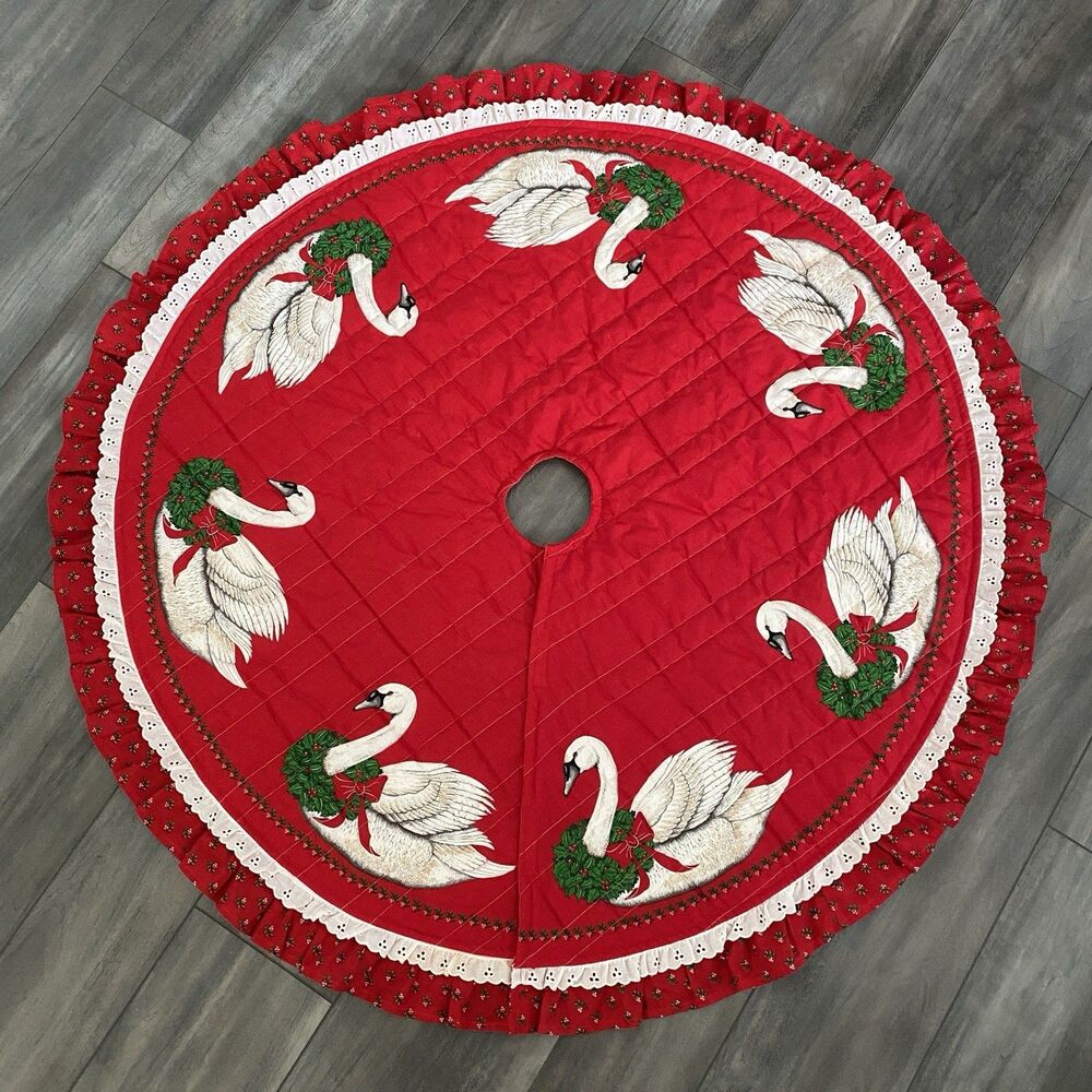 Vintage 80's Cut N Sew Completed Christmas Goose Swan Holly Wreath Tree Skirt